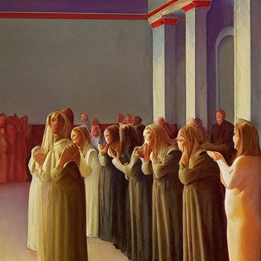 Image similar to procession of women in a soviet temple, dripping watercolor by gottfried helnwein, by hammershøi, highly detailed, art nouveau wallpaper, lights by edward hopper, liminal, eerie, pastel colors, limited palette