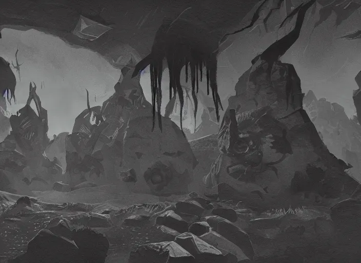 Image similar to deep rock galactic as an etching!!!!, video game, cavern, monochrome
