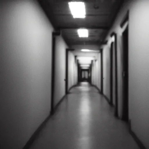 Image similar to creepy backrooms, something behind the doors, horror image, cctv footage, black and white, grayscale