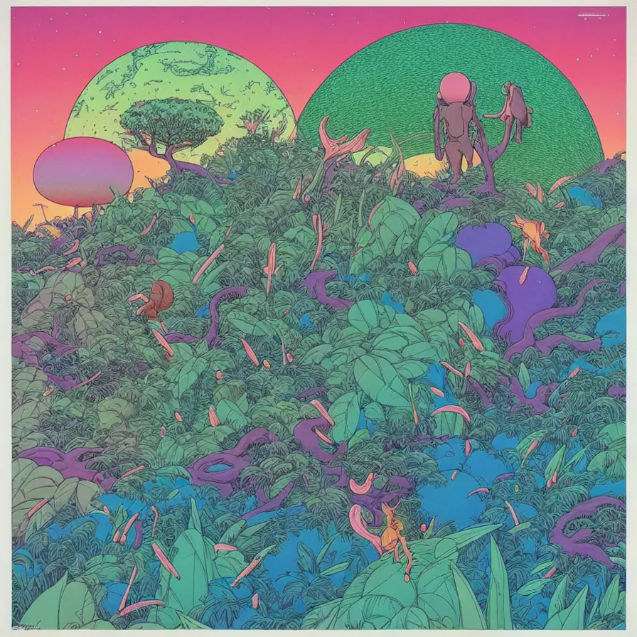 Image similar to ( ( ( ( ( forest and cute creatures on a mysterious planet ) ) ) ) ) by mœbius!!!!!!!!!!!!!!!!!!!!!!!!!!!, overdetailed art, colorful, record jacket