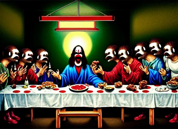 Prompt: hyper realistic detailed image of last supper compositon sad chad pepe the frog and vampire clown couple in old restaurant with raw meat, ground beef dishes and various drinks, by ayami kojima, amano, beeple, greg hildebrandt, and mark brooks, mystical, rich deep colors, cinematic light, long cinematic shot, extremely detailed, very coherent symmetrical artwork, 8 k