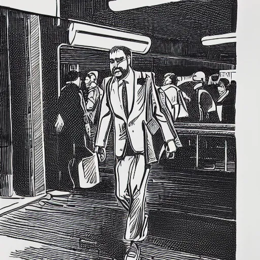 Image similar to a risograph print of a man walking into a New York City subway station