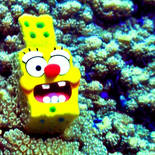Prompt: High detailed shot of a Sponge that looks exactly like Spongebob found along a coral reef