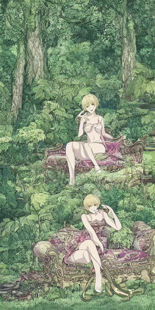 Image similar to landscape shot of a highly detailed queen sitting by herself on a sofa in a forest, drawn by CloverWorks, elegant, beauty, fine linework