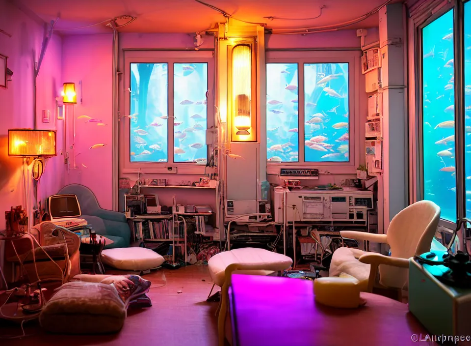 Image similar to telephoto 7 0 mm f / 2. 8 iso 2 0 0 photograph depicting the feeling of chrysalism in a cosy cluttered french sci - fi ( art nouveau ) cyberpunk apartment in a pastel dreamstate art cinema style. ( aquarium, computer screens, window ( city ), leds, lamp, desk ( ( ( armchair ) ) ) ), ambient light.