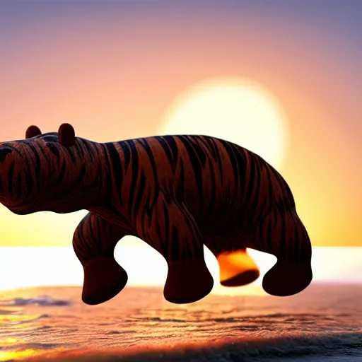 Prompt: a closeup photorealistic photograph of a cute smiling knitted tiger hippopotamus chasing a beachball at sunset. surf in the background. professional capture. this 4 k hd image is trending on artstation, featured on behance, well - rendered, extra crisp, features intricate detail, epic composition and the style of unreal engine.