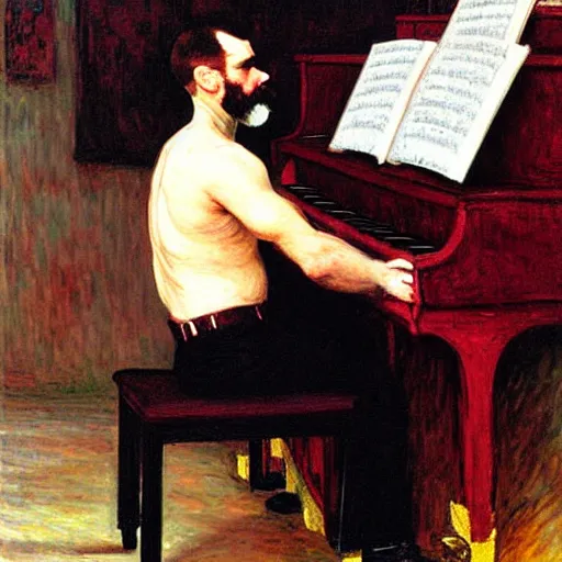Prompt: grumpy man playing piano, painting by tom of finland, john william waterhouse, claude monet