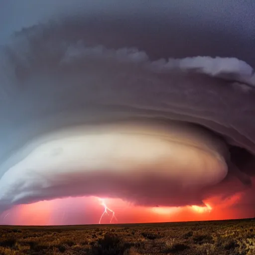 Prompt: high res West Texas storm chaser Laura Rowe captured the picture of a lifetime, fantastic shot of a mature supercell thunderstorm, illuminated at varying heights from the setting sun 4k