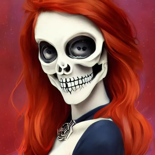 Image similar to cute & beautiful smug smiling undead skeleton girl with very attractive face and red hair dressed as a retrofuturist police officer, elegant, digital art, fullbody painting, fantasy, pixar style, painting, pin up, highly detailed, artstation, art by artgerm, vrubel, greg rutkowski, ilya kuvshinov, raymond swanland