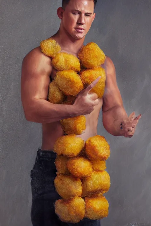 Image similar to channing tatum wearing a tater tot costume, oil on canvas, intricate, 8 k highly professionally detailed, hdr, cgsociety