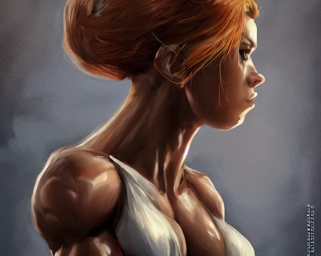 Image similar to portrait of samus aran as a very attractive female bodybuilder bride, elegant, fantasy, hd shot, digital portrait, beautiful, artstation, comic style, by artgerm, guy denning, jakub rozalski, magali villeneuve and charlie bowater