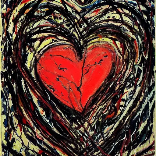 Prompt: painting of a human heart by Jackson Pollock