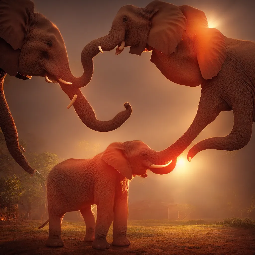 Image similar to one elephant in a wooden house, red crystal, art station, volumetric lighting, beautiful, golden hour, sharp focus, ultra detailed, concept art