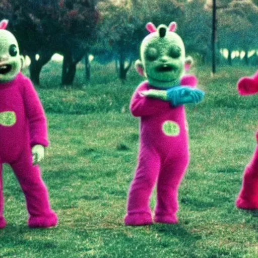 Prompt: zombie teletubbies in dawn of the dead, movie still, horror, ultra violent