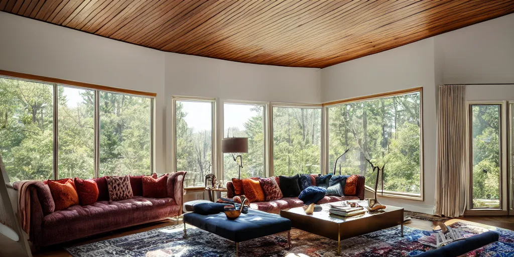 Prompt: insanely detailed wide angle photograph, atmospheric, light bloom, sunlight shining through windows, trees outside, reflections, award winning contemporary interior design living room, cozy and calm, fabrics and textiles, colorful accents, brass, copper, secluded, many light sources, lamps, oiled hardwood floors, book shelf, couch, desk, balcony door, plants