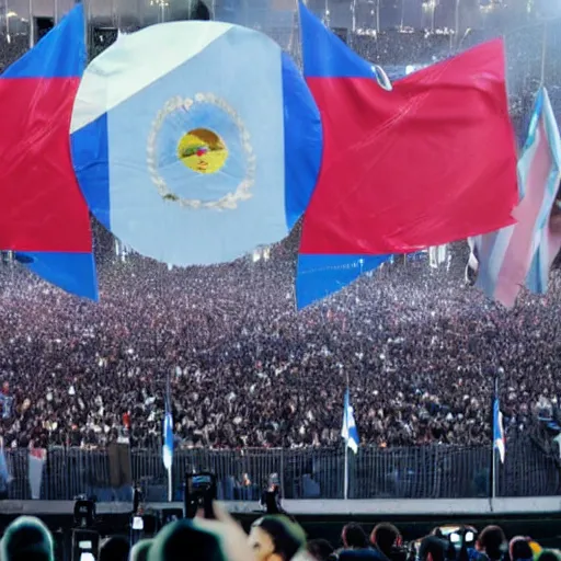 Image similar to Lady Gaga as president, Argentina presidential rally, Argentine flags behind, bokeh, giving a speech, detailed face, Argentina