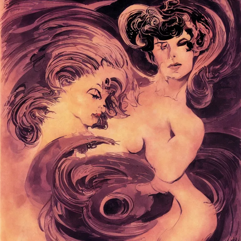 Image similar to portrait of a woman with swirling hair and fractal skin by frank frazetta, retrofuturism, psychedelic art reimagined by industrial light and magic