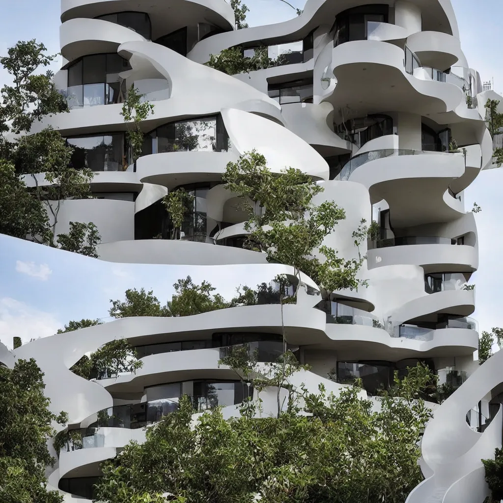 Image similar to “ a two story modern house with curve sculptural balconies, designed by famous architects online lab of architecture, house sold for 4 million dollars, featured on architecture magazines ”