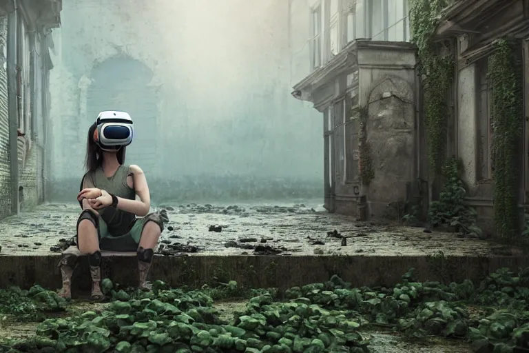 Image similar to Broken cyborg girl with VR helmet sitting on old courtyard with mud and an old playground between two soviet five-storey overgrown with ivy panel houses, high details, cinematic, 8k resolution, beautiful detailed, insanely intricate details, artstation trending, rule of third, octane render, unreal engine