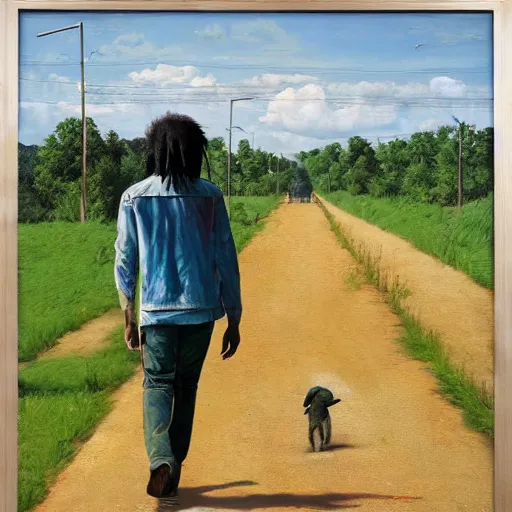 Image similar to bob marley walking along the gistelsesteenweg, painted by scott listfield, sunny, happy