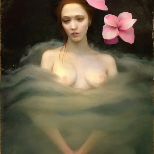 Prompt: goddess of magnolias, wind swept hair, murky underwater and dreaming by jeremy lipkin, vincent di fate, hieronymus bosch, rule of thirds, seductive look, beautiful