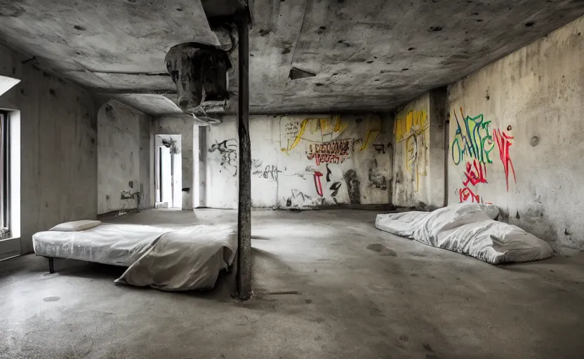 Image similar to berlin underground bedroom interior, concrete, punk, bed, neon lights, modernism, brutalism, white, beige, black, minimalism, graffiti on the walls, industrial, pipes, rust, little windows, plants