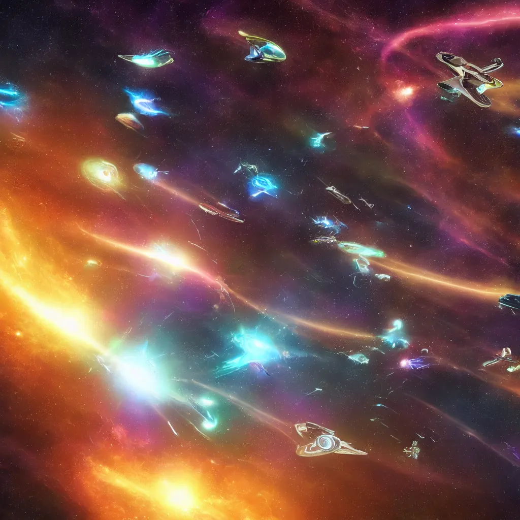 Image similar to galactic space fleet flying out of a warp portal, 8 k resolution