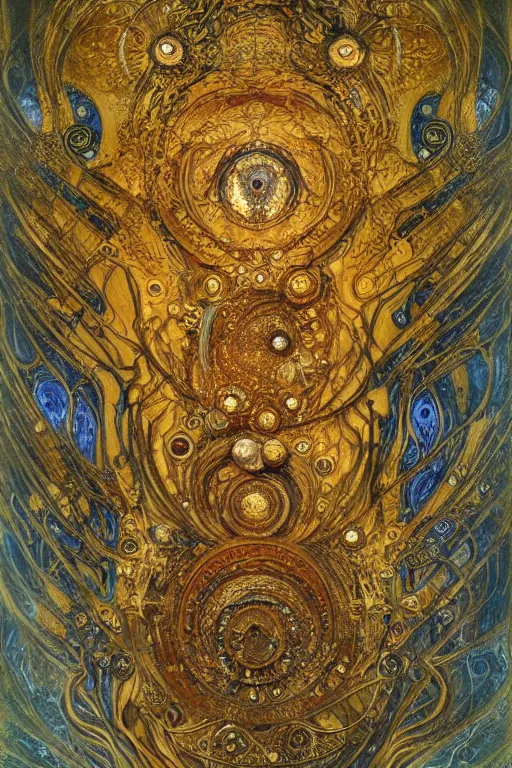 Prompt: The Helliquary by Karol Bak, Jean Deville, Gustav Klimt, and Vincent Van Gogh, lockbox, otherworldly, fractal structures, arcane, inferno, inscribed runes, reliquary, infernal relics, ornate gilded medieval icon, third eye, spirals