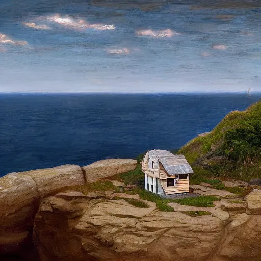 Prompt: A wooden house on a cliff by the sea, by Scott Listfield