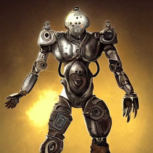 Prompt: The full body of a cyborg Man Character Warrior with an egg shaped head, Concept art, detailed