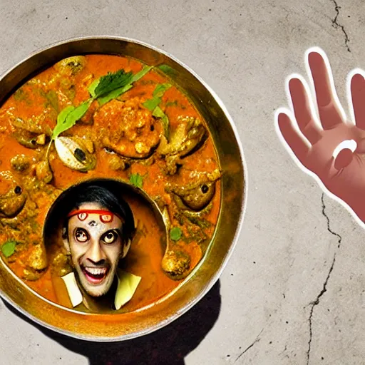 Prompt: photo of a man with three eyes ecstatically eating a bowl of indian frog curry. third eye forehead weeping with joy, hands raised