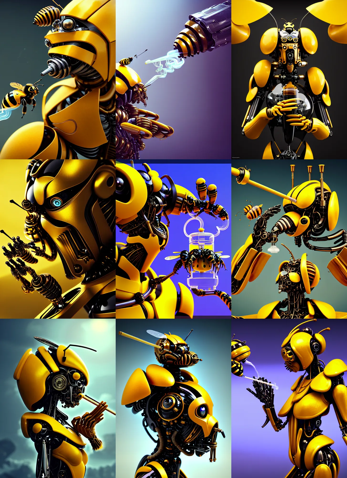 Prompt: transhuman grievous bumblebee edm cyborg smoking elaborate honey bong | ornate | glamorous oily soft polished rich enticing ornate modern | weta disney pixar movie still photo | hi - fructose, sci fi fantasy, golden ratio details, smooth, octane render, sharp focus, artstation, concept art | beeple, feng zhu, mucha, rutkowski |