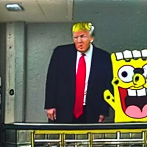 Image similar to cctv footage of spongebob meeting donald trump,