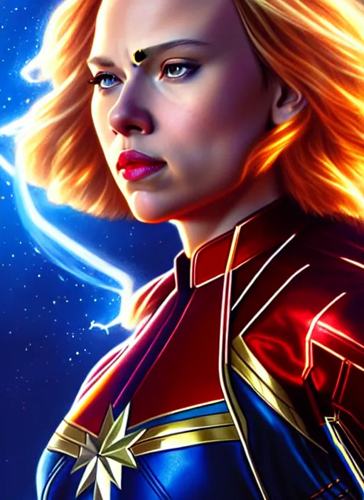 Image similar to Scarlett Johansson as Captain Marvel, fantasy, intricate, elegant, highly detailed, digital painting, artstation, concept art, smooth, sharp focus, illustration, art by artgerm and greg rutkowski and alphonse mucha