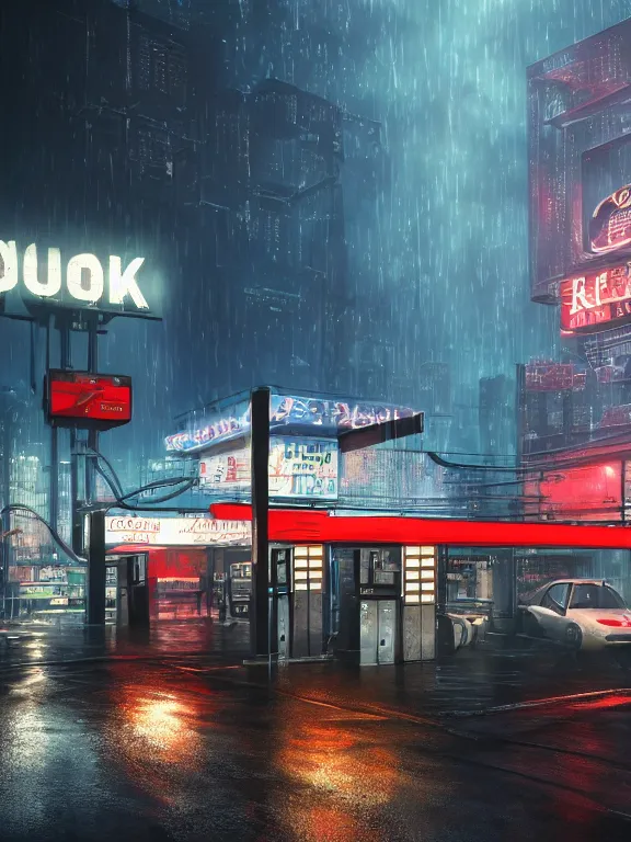 Prompt: photo of 8k ultra realistic gas station, neon, heavy rain, full of colour, cinematic lighting, battered, trending on artstation, 4k, hyperrealistic, focused, extreme details,unreal engine 5, cinematic, masterpiece, art by ayami kojima, giger