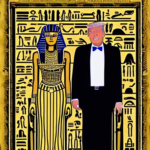 Prompt: donald and melania trump as egyptian pharaoh and queen, elegant, majestic, powerful, pyramids, anunaki, hieroglyphs, lush, rainforest, river, green, river god, wilbur smith, gold, trump tower