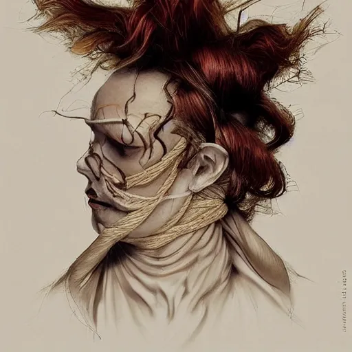 Image similar to portrait of a Shibari rope wrapped face and neck, headshot, insanely nice professional hair style, dramatic hair color, digital painting, of a old 18th century, Royal Emperor, amber jewels, baroque, Art Nouveaux, ornate clothing, scifi, realistic, hyper detailed, chiaroscuro, concept art, art by Franz Hals and Jon Foster and Ayami Kojima and Amano and Karol Bak,