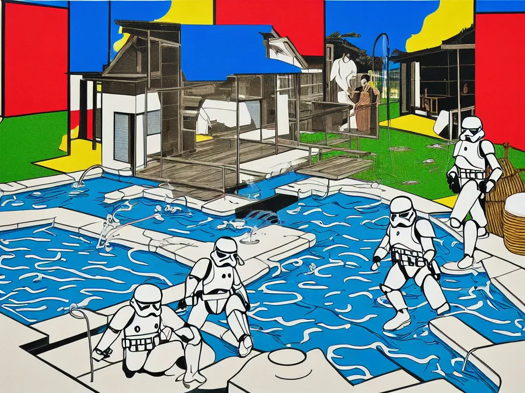 Image similar to hyperrealism composition of the japanese house with a hot springs in the garden, two detailed stormtroopers bathe in a hot spring, pop - art style, jacky tsai style, andy warhol style, roy lichtenstein style, acrylic on canvas