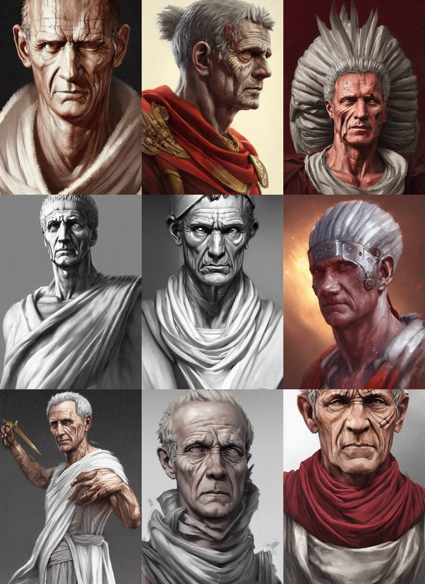 Prompt: gaius julius caesar, toga, portrait, highly detailed, digital painting, trending on artstation, concept art, sharp focus, illustration, art by artgerm and greg rutkowski and magali villeneuve