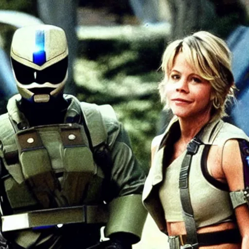 Image similar to Meg Ryan is a soldier fighting in the battlefield dressed as a power ranger