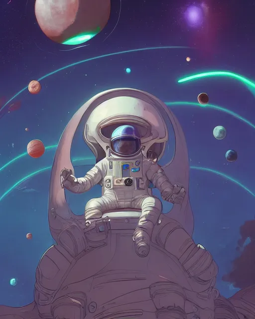 Image similar to wide shoot portrait of ethereal cosmonaut lie relaxed on a crescent moon between the stars and the planets in outer space, cosmonaut post grunge concept art,high detail,4k, trending on artstation by josan gonzalez, Yoshitaka Amano and tyler edlin