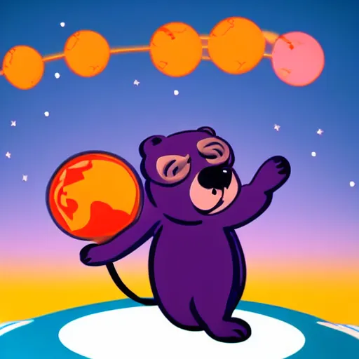 Image similar to cartoon animated illustration of a bear mascot being launched from a futuristic marble planet, purple and orange cloudland