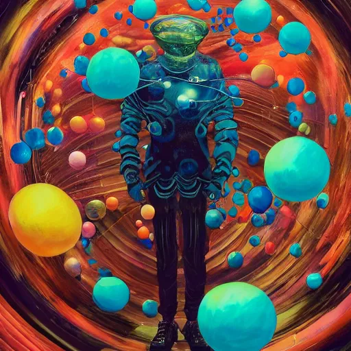 Image similar to surreal gouache painting, yoshitaka amano, ruan jia, conrad roset, kilian eng, balls, bubbles, orbs, spheres, incredibly detailed, of floating molecules and a mannequin artist holding an icosahedron with stars, clouds, and rainbows in the background, retrowave, modular patterned mechanical costume headpiece, artstation