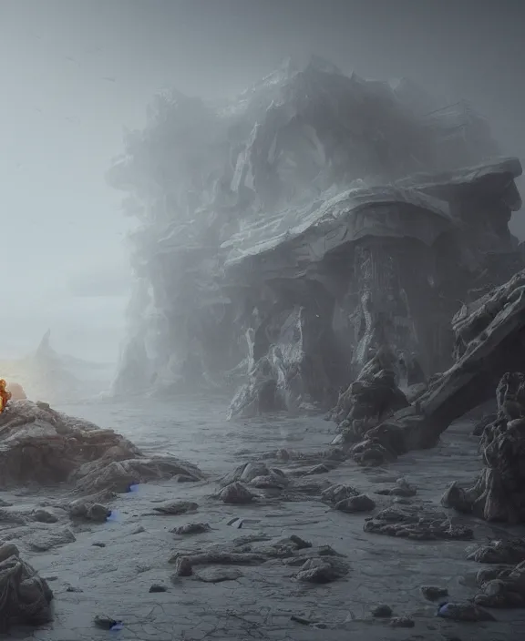Image similar to surreal epic, masterpiece, romantic prometheus white exploration base, ancient ochre palette, building architecture by ruan jia, mecha floor, futuristic, blame, white architecture in the beach in iceland, foggy, highly detailed, digital painting, arstation, concept art, hyperealistic octane render, unreal engine