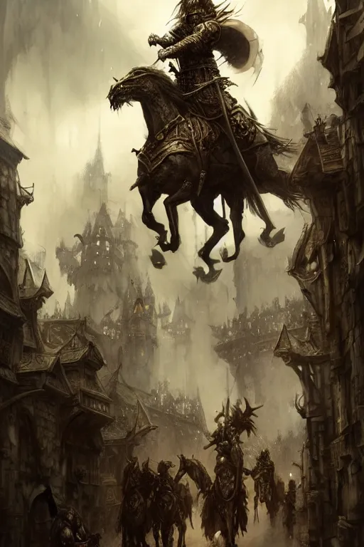 Image similar to medieval parade of knights, holiday, by wlop, by luis royo, by peter mohrbacher, concept art, digital illustration, intricate, masterpiece, elegant, super detailed, unreal engine rendering, smooth, sharp focus, artstation hq