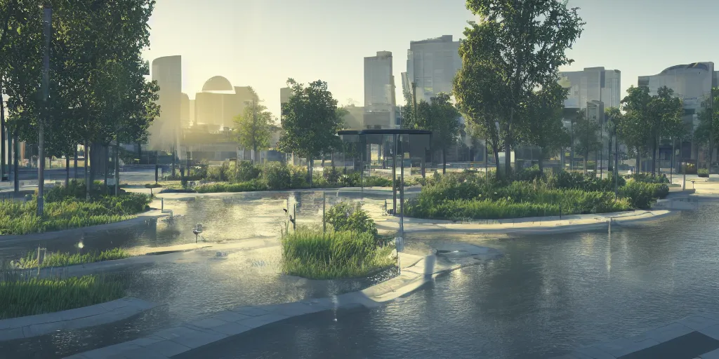 Image similar to city center public park, modern landscape architectural design for industrialpunk, water in the middle, dramatic lighting and composition, octane render, unreal engine 5, 8k