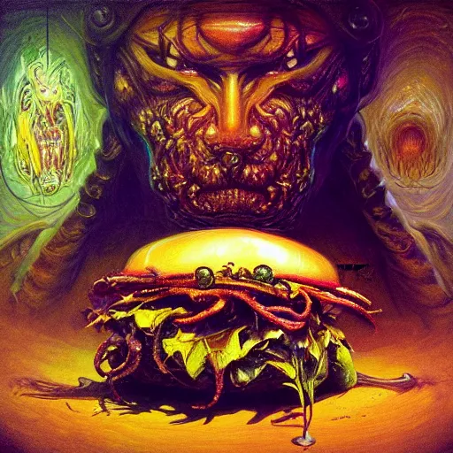Image similar to low angle shot of a sandwich by clive barker, psychedelic, mind-bending, intricate, elegant, highly detailed, centered, digital painting, artstation, concept art, smooth, sharp focus, illustration, artgerm, Tomasz Alen Kopera, Peter Mohrbacher donato giancola, Joseph Christian Leyendecker, WLOP, Boris Vallejo.