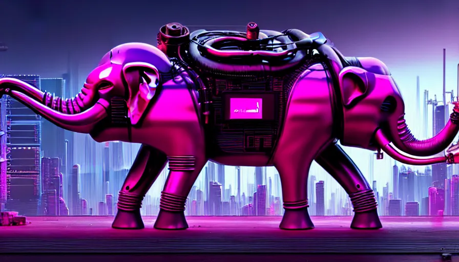 Prompt: a giantic analogic synthsizer with a lot of button potenciometers and iron cables played by a antropomorphic pink elephant, futuristic, cyberpunk, biomechanical, xenomorphic, photorealistic, ultra detailed, 4 k, chomatic aberration, dof