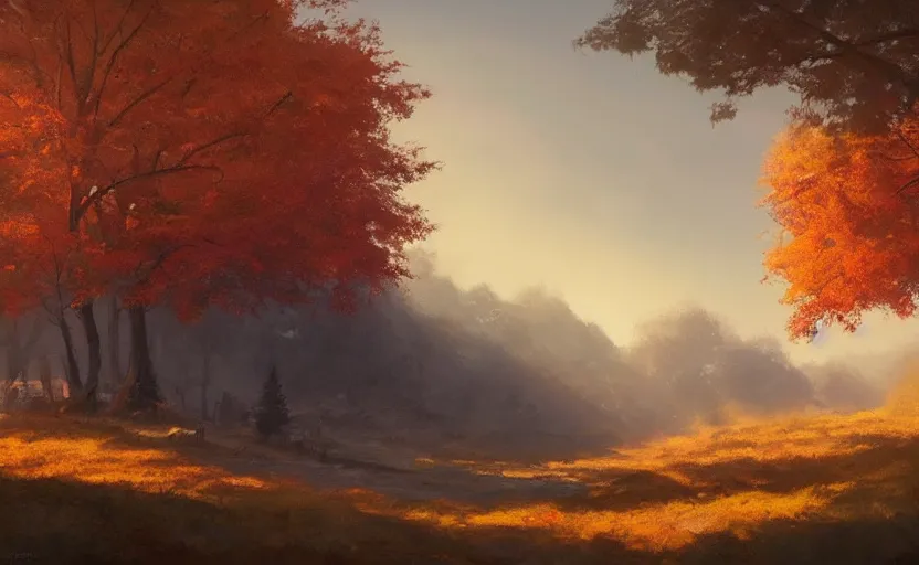 Prompt: autumnal landscape, ghibli, greg rutkowski, 8 k ultrarealistic trending on artstation