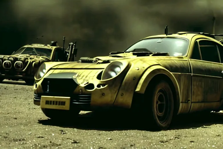 Image similar to dieselpunk mad max alpine a 1 1 0 with guns installed, movie still from ghost in the shell